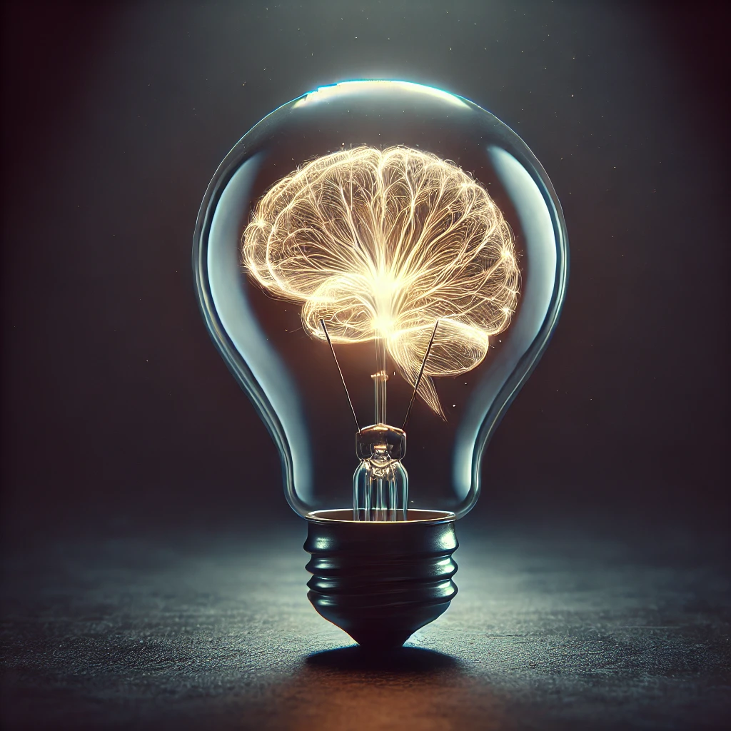 A lightbulb whose filament forms a luminous brain, signifying an idea about the mind itself.