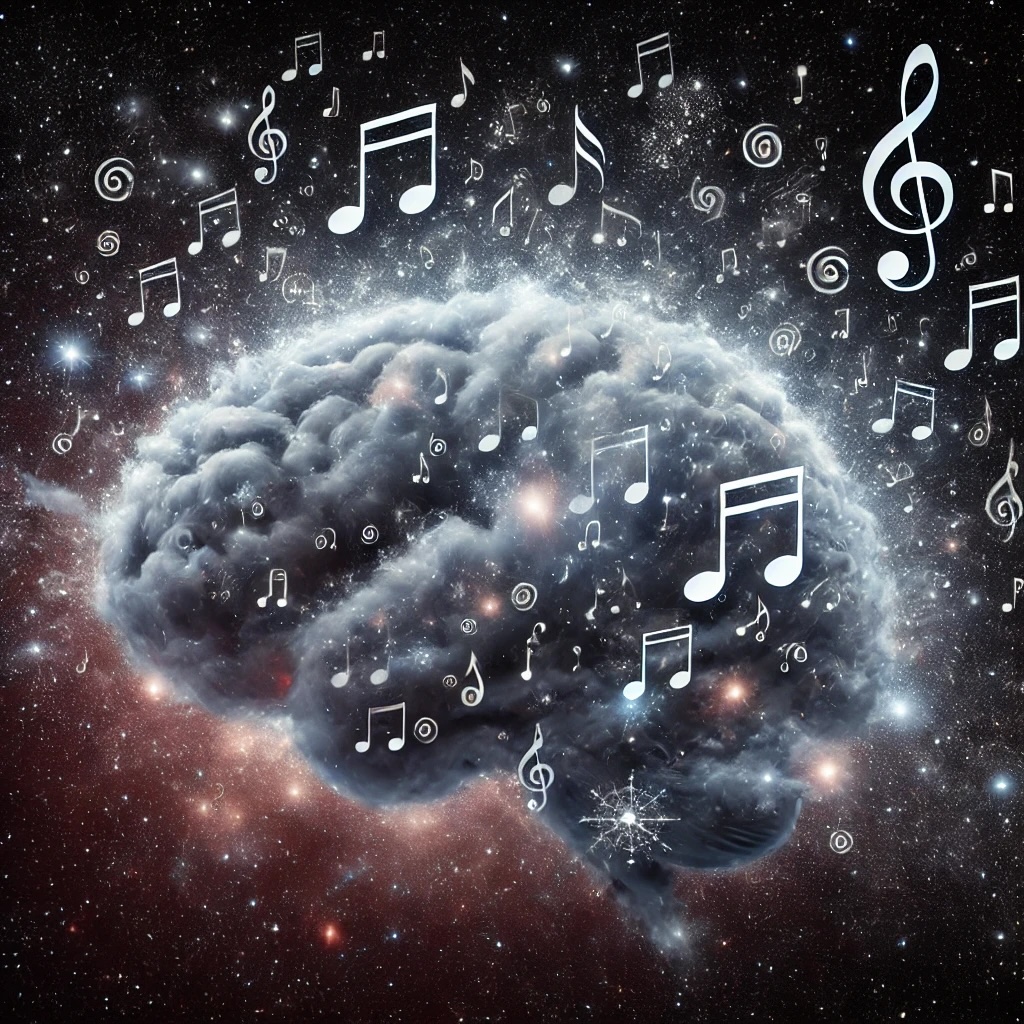 a brain of pure light, adrift in the universe, surrounded by music